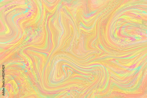 A bright background of orange paint stains with the effect of chromatic aberration with iridescent iridescence