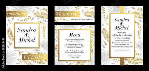 Ensemble de cartes pour un mariage - invitation, faire part, remerciement et menu - décoré de feuilles diverses - texte anglais.