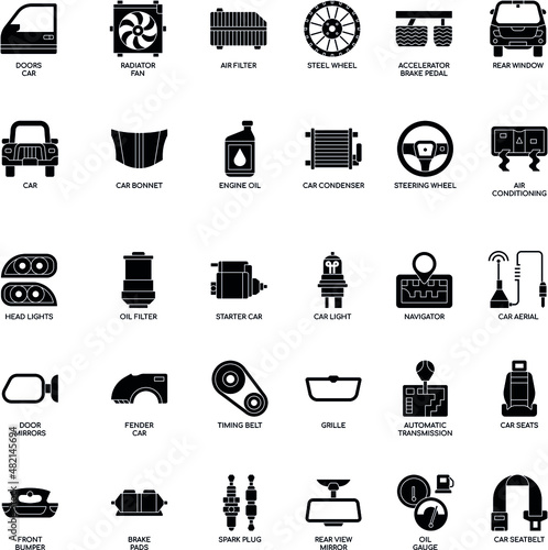 Car Parts black and white flat vector icon collection set