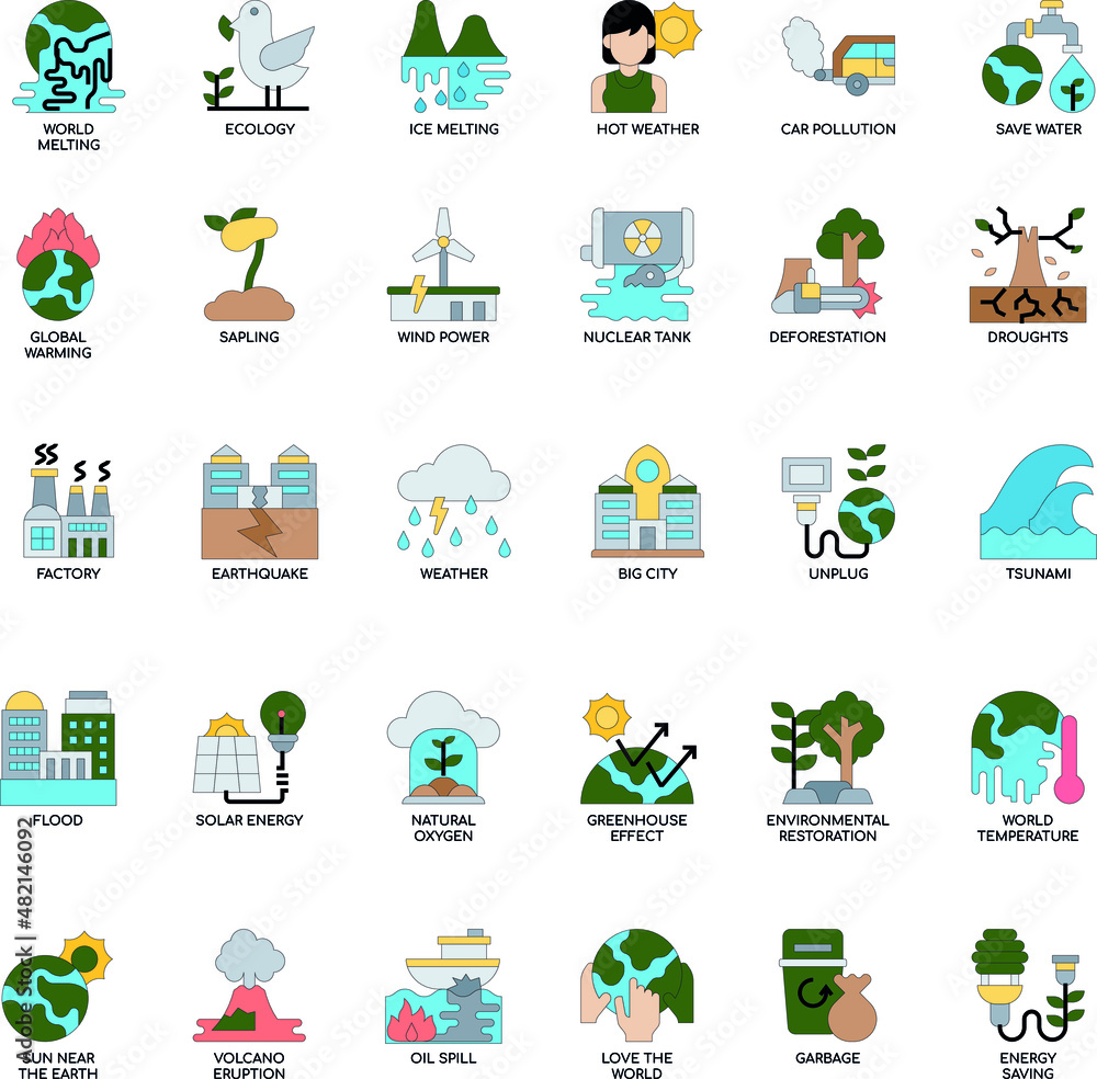 Obraz premium Global warming color flat vector icon collection set