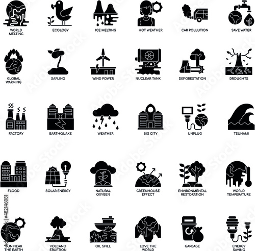 Global warming black and white flat vector icon collection set