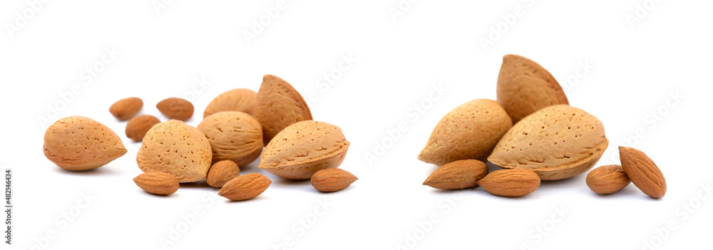 Heap of fresh almonds in shells isolated on white background Heap of fresh almonds in shells isolated on white background