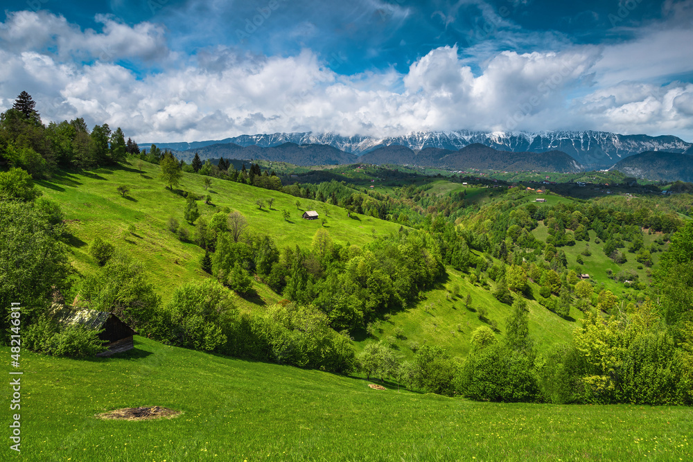 Spring scenery with snowy mountains and green hills, Transylvania, Romania