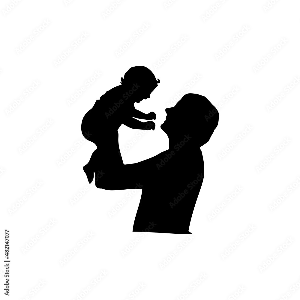 Silhouette happy father holding newborn baby in air closeup. Illustration graphics icon vector
