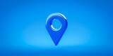 Blue location 3d icon of travel navigation road pointer map sign or find delivery distance target gps symbol global positioning system and street address direction pin on transportation background.