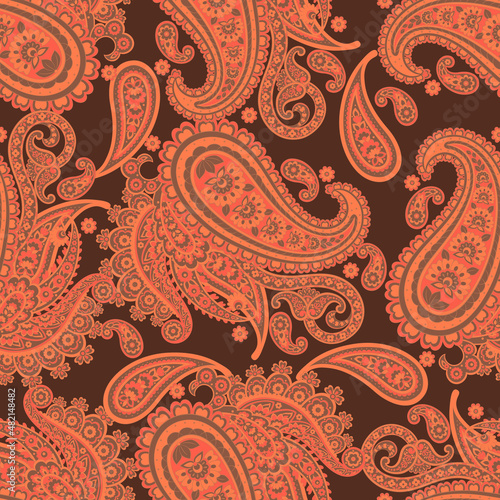 Floral seamless pattern with paisley ornament. Vector illustration in asian textile style