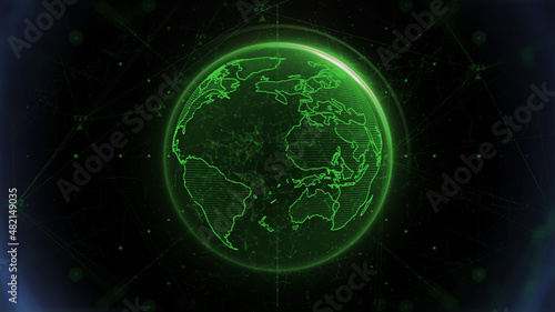 Abstract Digital Earth Spinning Number Data Line Connection. Futuristic Green Sphere Rotation Concept Illustration Background.