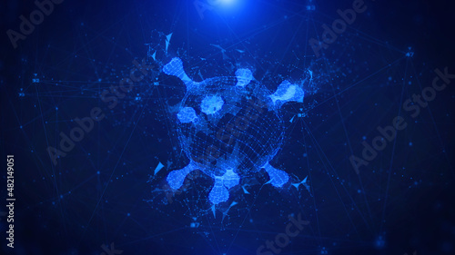 Digital Blue Futuristic Wireframe 3D Virus Cell Structural Health Care, Science Medical Concept Background. Plexus Line Dot Polygonal Structure Data Transfer Communication Illustration Background.