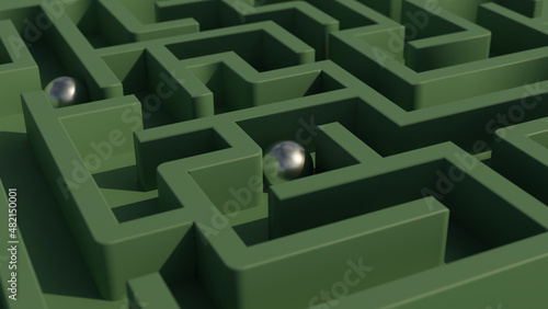 Steel balls inside maze. Choices, challenge and puzzle concept. 3D rendering illustration.  photo