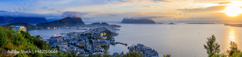Panoramic view to the city Alesund in Norway from the Byrampen Viewpoint