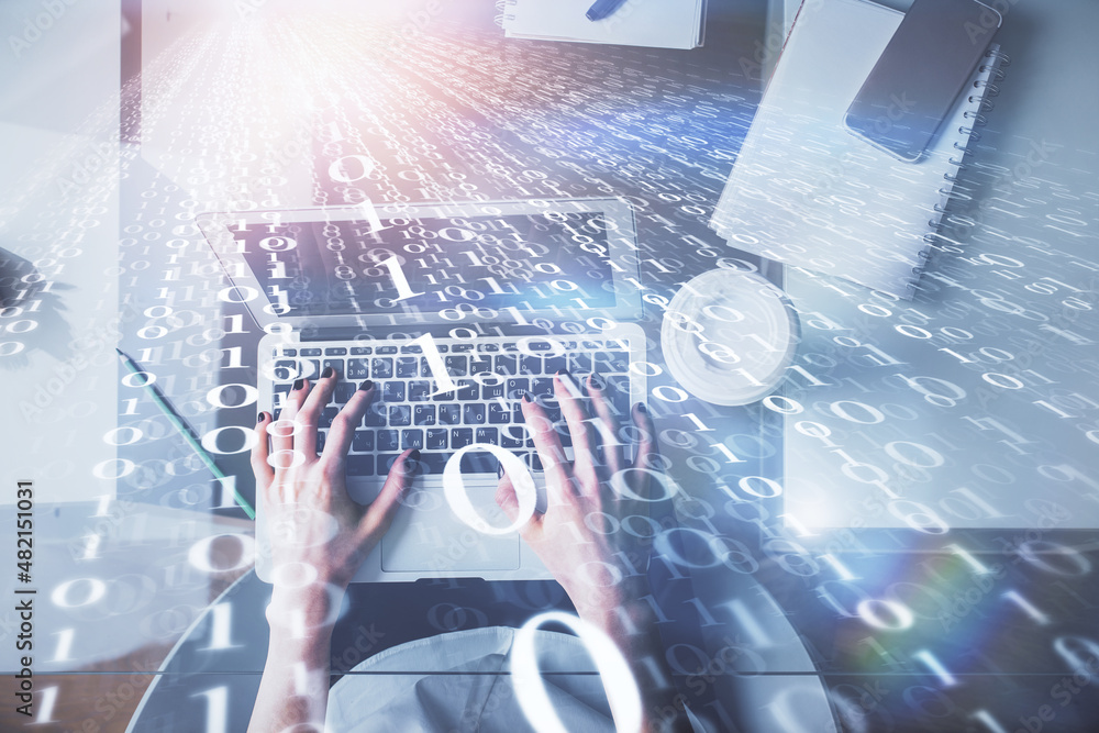 Double exposure of woman hands working on computer and data theme hologram drawing. Top View. Technology concept. Double exposure of woman hands working on computer and data theme hologram drawing. Top View. Technology concept.