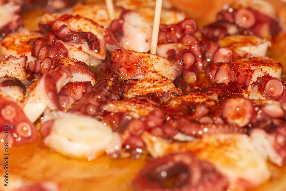Closing photo of pulpo a la gallega, octopus with paprika and olive oil, a typical Spanish dish from Galicia (Spain), on a traditional wooden plate.