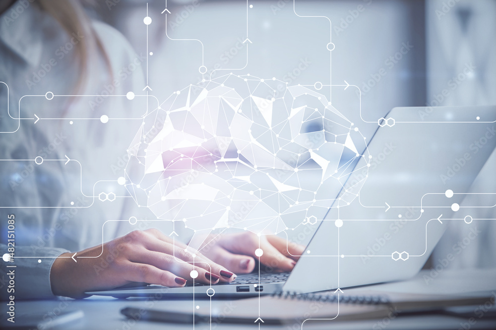 Multi exposure of woman hands working on computer and human brain hologram drawing. Ai tech concept. Multi exposure of woman hands working on computer and human brain hologram drawing. Ai tech concept.