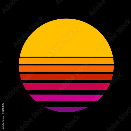 Retro sunset or sunrise circle with gradient neon color. Retrowave style sunset scene. Scene in cartoon or cuberpunk style. 90s poster electro sun space vintage  © Valeriia Myronova