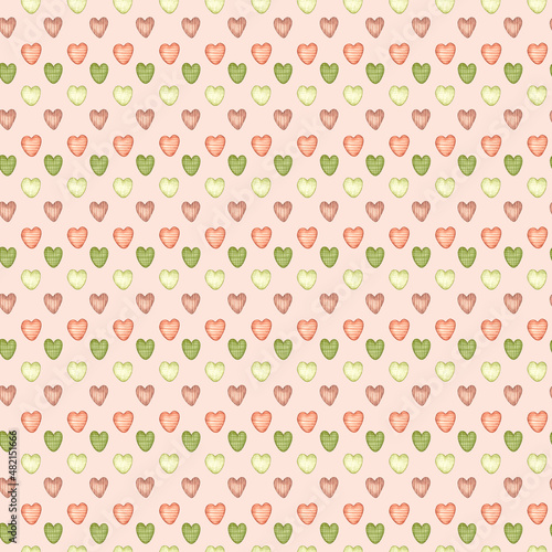 Watercolor pattern with hearts on beige background for valentine's day