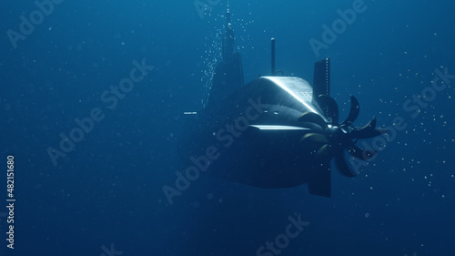 submarine in the sea with water bubble background. 3d rendering