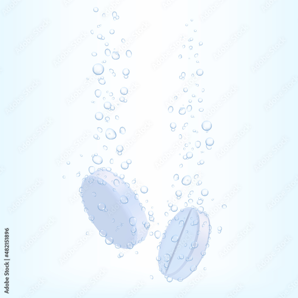 Tablet with bubbles. Effervescent dissolving aspirin tablets in