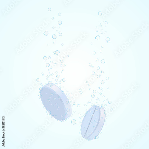 Tablet with bubbles. Effervescent dissolving aspirin tablets in carbonated water. Effervescent soluble tablets. Sparkling water bubble trails. Realistic 3d vector