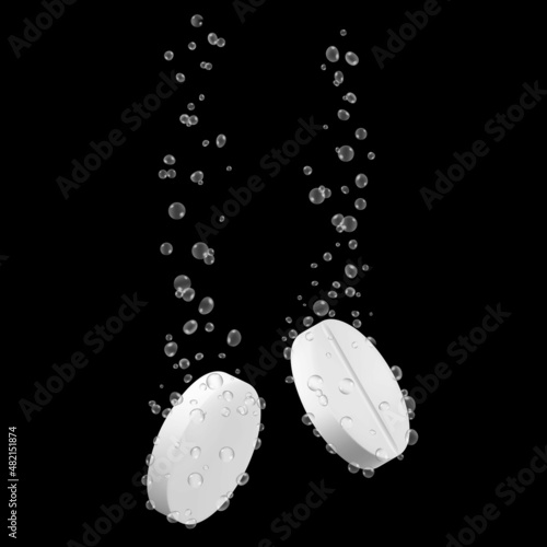 Tablet with bubbles. Effervescent dissolving aspirin tablets in carbonated water. Effervescent soluble tablets. Sparkling water bubble trails. Realistic 3d vector