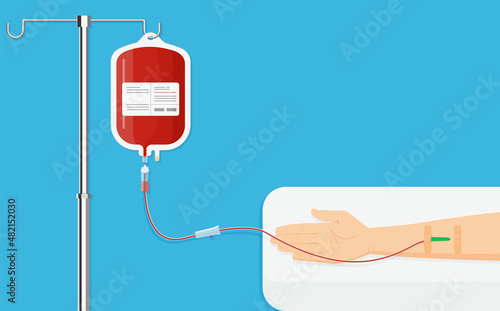Medical dropper with blood bag. Blood donation day concept for poster. Bag with tube, hand donor. vector illustration. flat design style. Human donated blood
