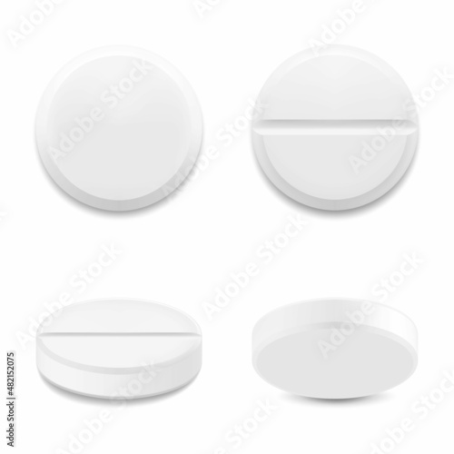 Realistic round pills and capsules mockup style. The concept of medicine and health, isolated on white background. 3d vector illustration. Can be used for medical and cosmetic.