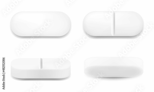 Realistic oval pills isolated on white background. Can be used for medical and cosmetic. 3d vector illustration, Isolated on white background.