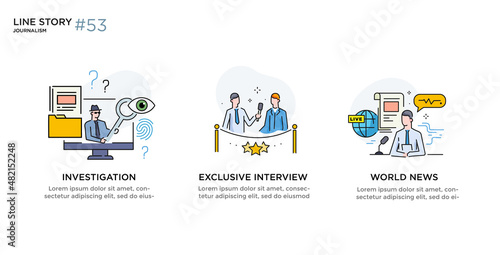 Set of illustrations concept with journalism. Investigation, news, interview, exclusive. linear illustration Icons infographics. Landing page site print poster. Line story