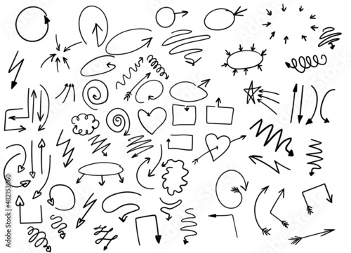 set of arrows of different shapes and styles in the technique of doodles drawn. Vector collection of arrow pointers: bubble, heart, dotted, striped arrow, arrow on two sides