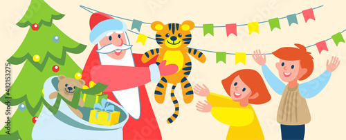 New Year banner  Santa Claus gives gifts to children.