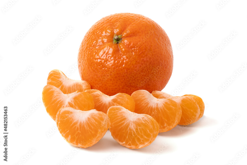 Ripe tangerine with slices on a white isolated background with a shadow Ripe tangerine with slices on a white isolated background with a shadow