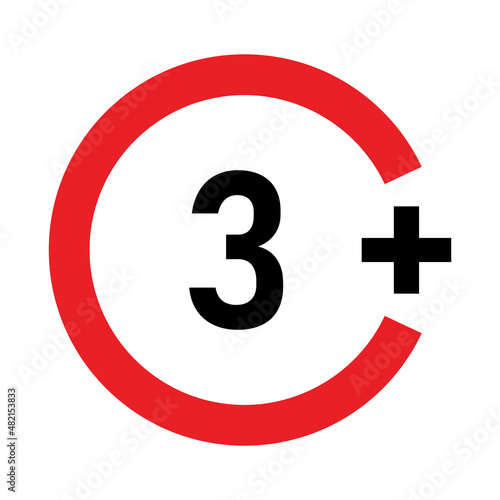 3 plus sign. Three. Age restrictions, censorship and parental control. Icon for content, movies, food, juice and toys.