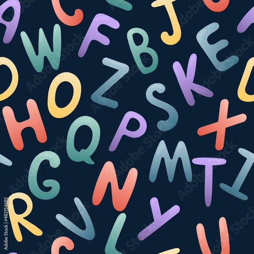 All letters of the alphabet. English dictionary and alphabet, vector seamless pattern on blue background for children, learning aid in kindergarten and school