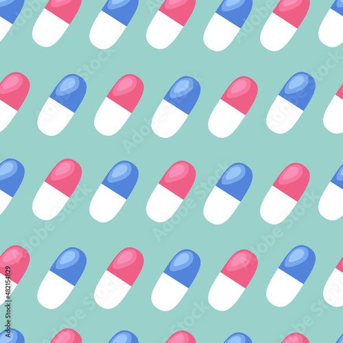 Pharmacy pills seamless pattern. Healthcare green background. Colorful medical capsules. Vector flat illustration