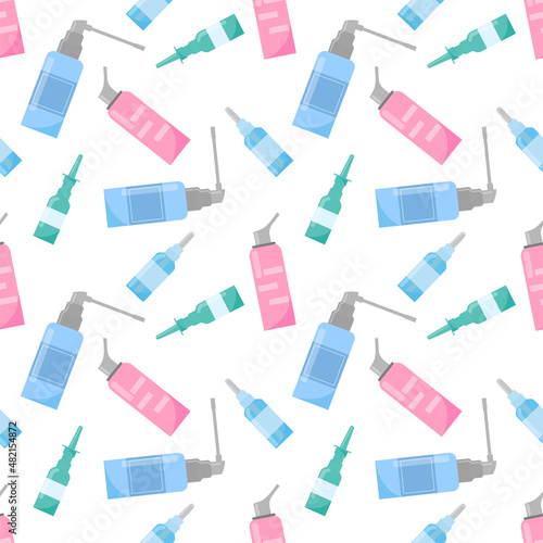Nasal sprays pattern. Pharmacy background with medical drops, sprays for treatment of virus infection. Vector medicines illustration