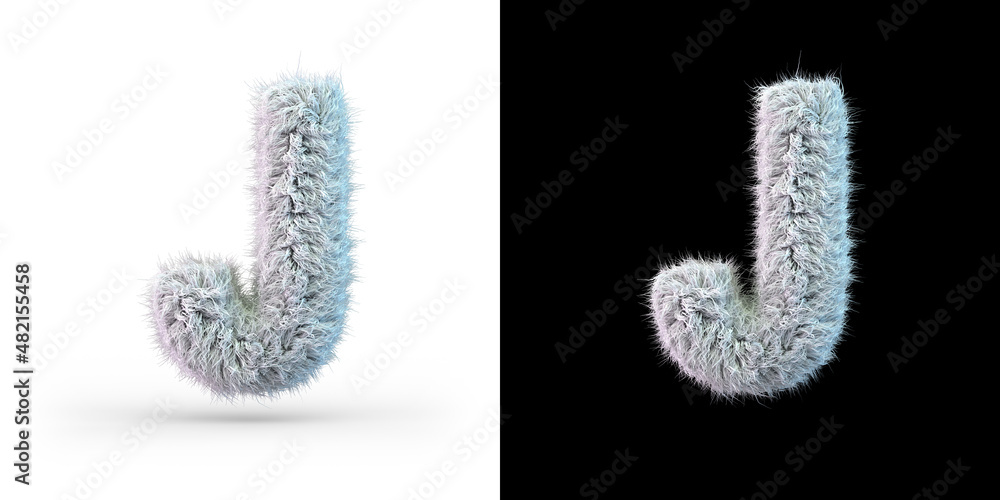 Capital letter J. Uppercase. White fluffy font on black and white background. 3D Capital letter J. Uppercase. White fluffy font on black and white background. 3D