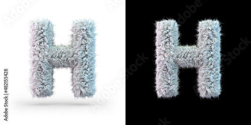 Capital letter H. Uppercase. White fluffy font on black and white background. 3D