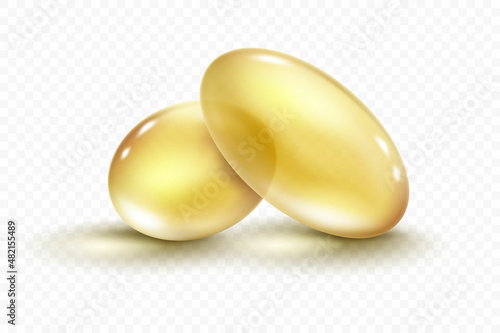 Vector Real fish oil capsule with transparency effect and shadow. Realistic medicine pills with fish oil or omega 3 vitamin supplement isolated on white background. 3d vector illustration
