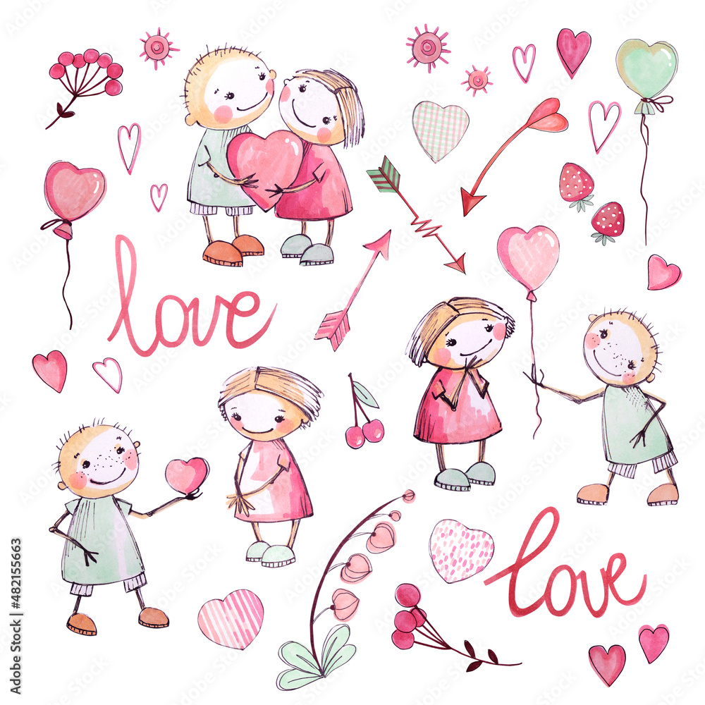 Watercolor set of lovers with hearts and arrows