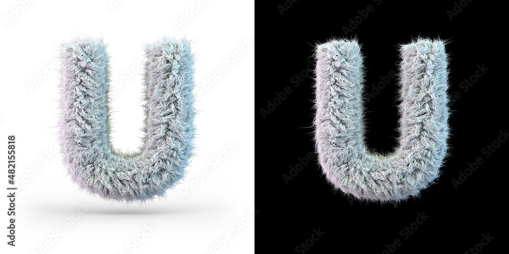 Capital letter U. Uppercase. White fluffy font on black and white background. 3D - obrazy, fototapety, plakaty 