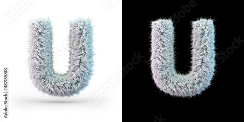 Capital letter U. Uppercase. White fluffy font on black and white background. 3D