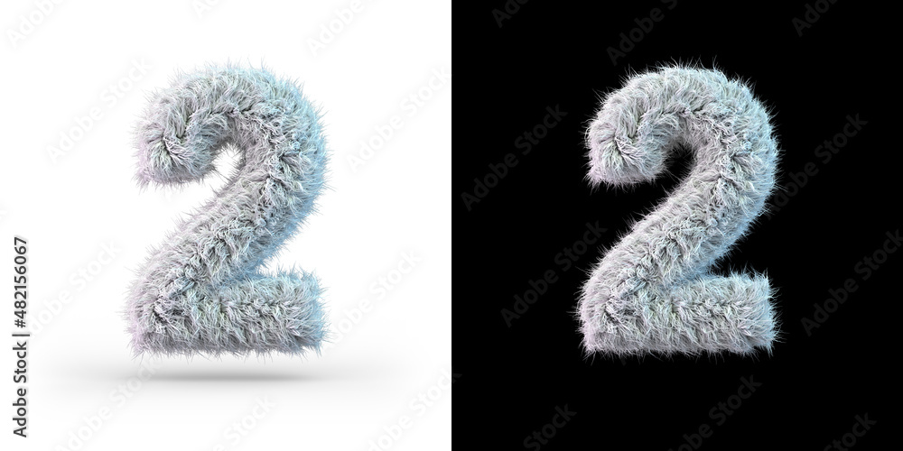 Number 2. Digital sign. White fluffy font on black and white background. 3D Number 2. Digital sign. White fluffy font on black and white background. 3D