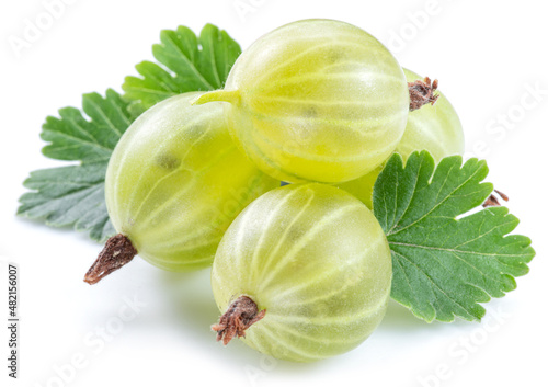 Green ripe gooseberries on white background. Close-up. photo