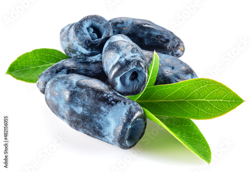 Ripe honeysuckle berries with leaves on white background. photo