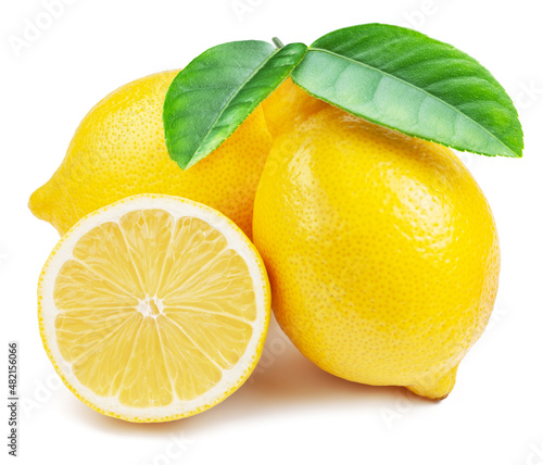 Lemon fruits and lemon slice with green leaves. File contains clipping path.