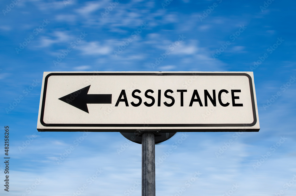 Assistance road sign, arrow on blue sky background. One way blank road sign. Arrow on a pole pointing in one direction. Assistance road sign, arrow on blue sky background. One way blank road sign. Arrow on a pole pointing in one direction.