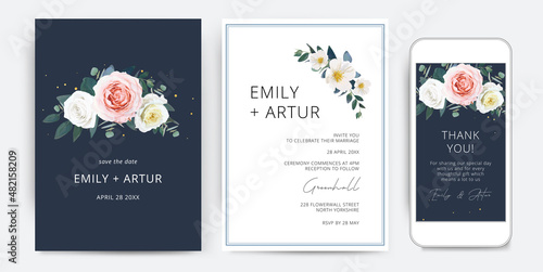 Elegant vector wedding e-invite, party invitation, save the date, thank you digital template. Delicate blush pink, yellow, white rose flowers, camellia, emerald green eucalyptus leaves bouquet on navy