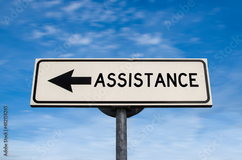 Assistance road sign, arrow on blue sky background. One way blank road sign. Arrow on a pole pointing in one direction.
