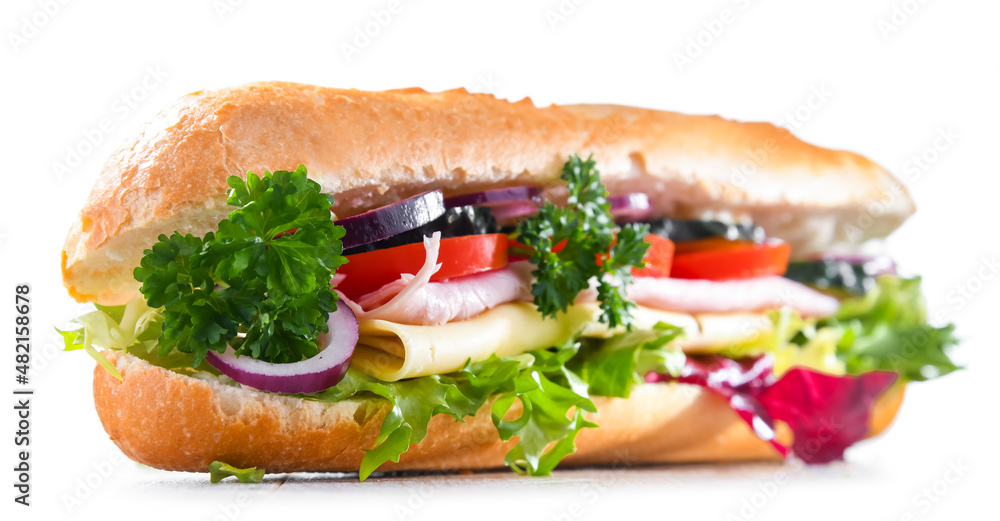 Sandwich with cheese and ham and fresh vegetables over white Sandwich with cheese and ham and fresh vegetables over white