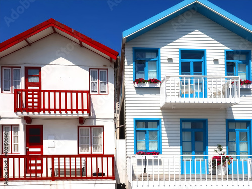 Colorful striped wooden beach houses at the promenade of Costa Nova, Aveiro, Portugal