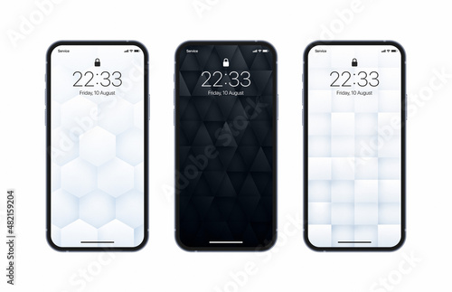 Vector Different Variations Black And White 3D Geometric Wallpaper Set On Photo Realistic Smart Phone Screen Isolated On White Background. Abstract 3D Render Textures Vertical Smartphone Screensavers